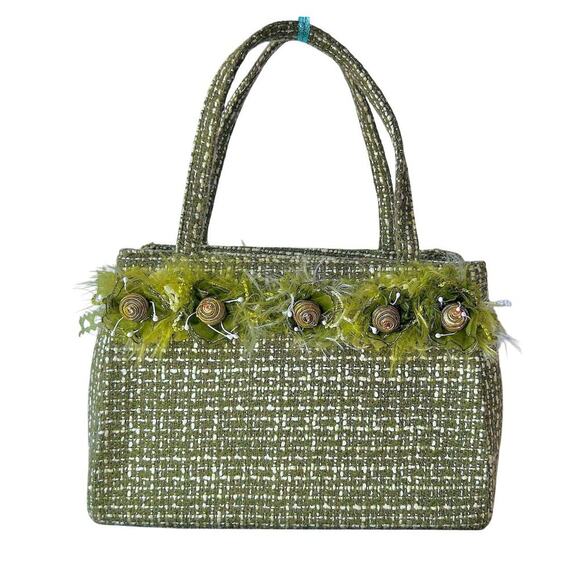Vintage Y2K Green Preppy Funky Beads Tweed Cottage Girly Handbag Purse - Picture 1 of 11